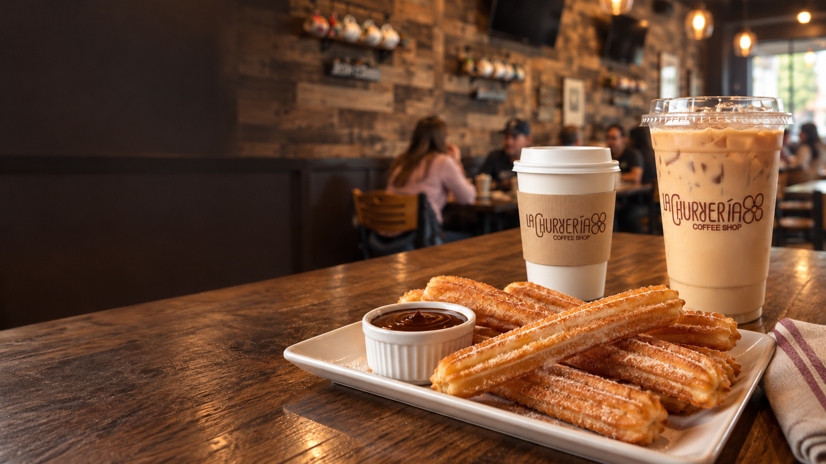 Fresh churros with hot and iced coffee inside La Churrería